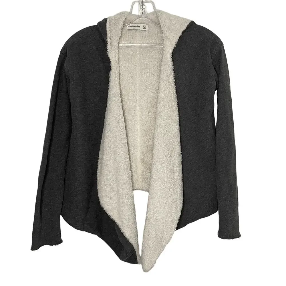 Abercrombie Kids Gray Sherpa Lined Open Front Cardigan Size L Cozy Warm Soft